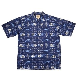 Vintage Woolrich Hawaiian Shirt Mens M Blue Dolphin Diamond Print Cotton Topical